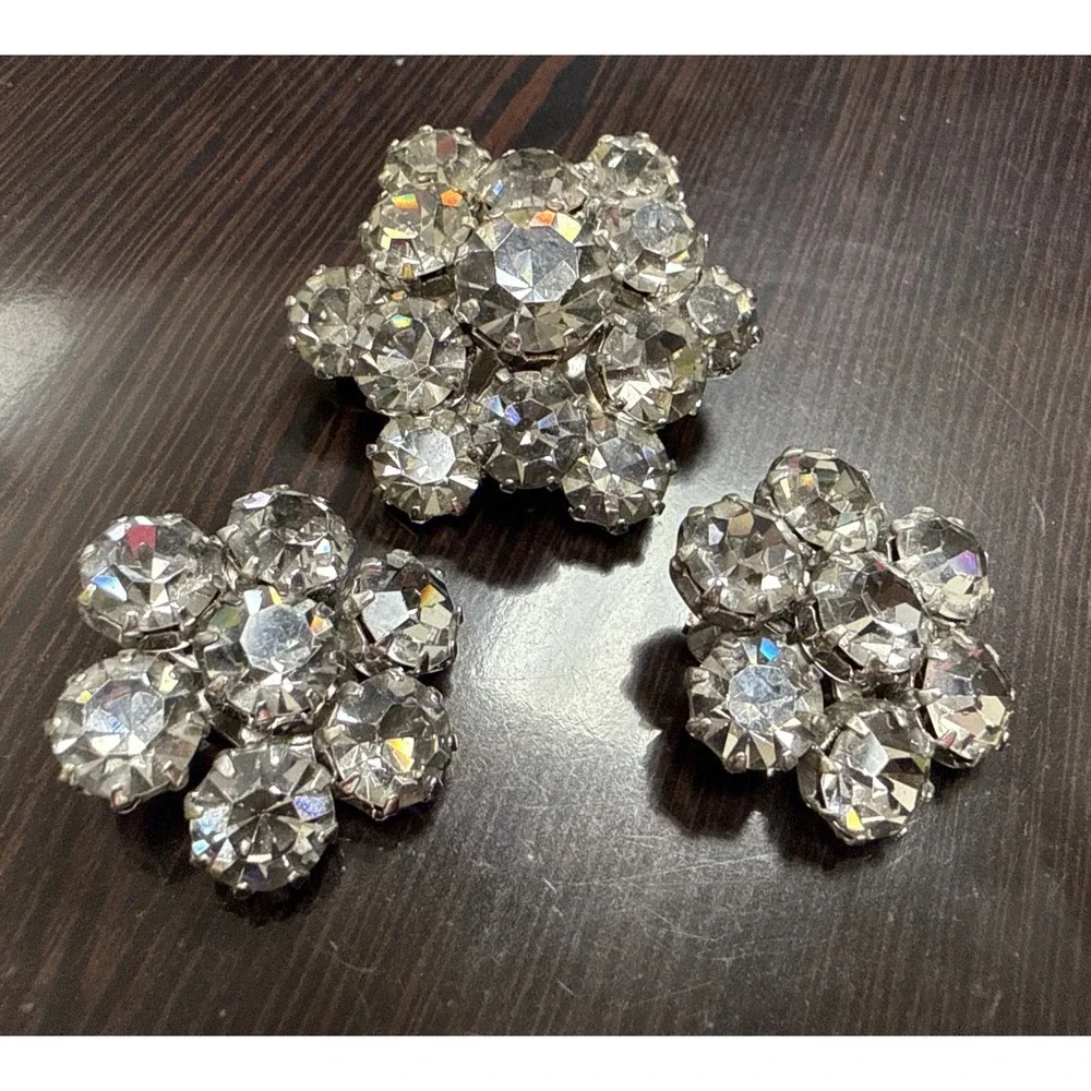 Vintage Signed Weiss Clear Rhinestone Brooch & Clip Earring Jewelry Set Estate